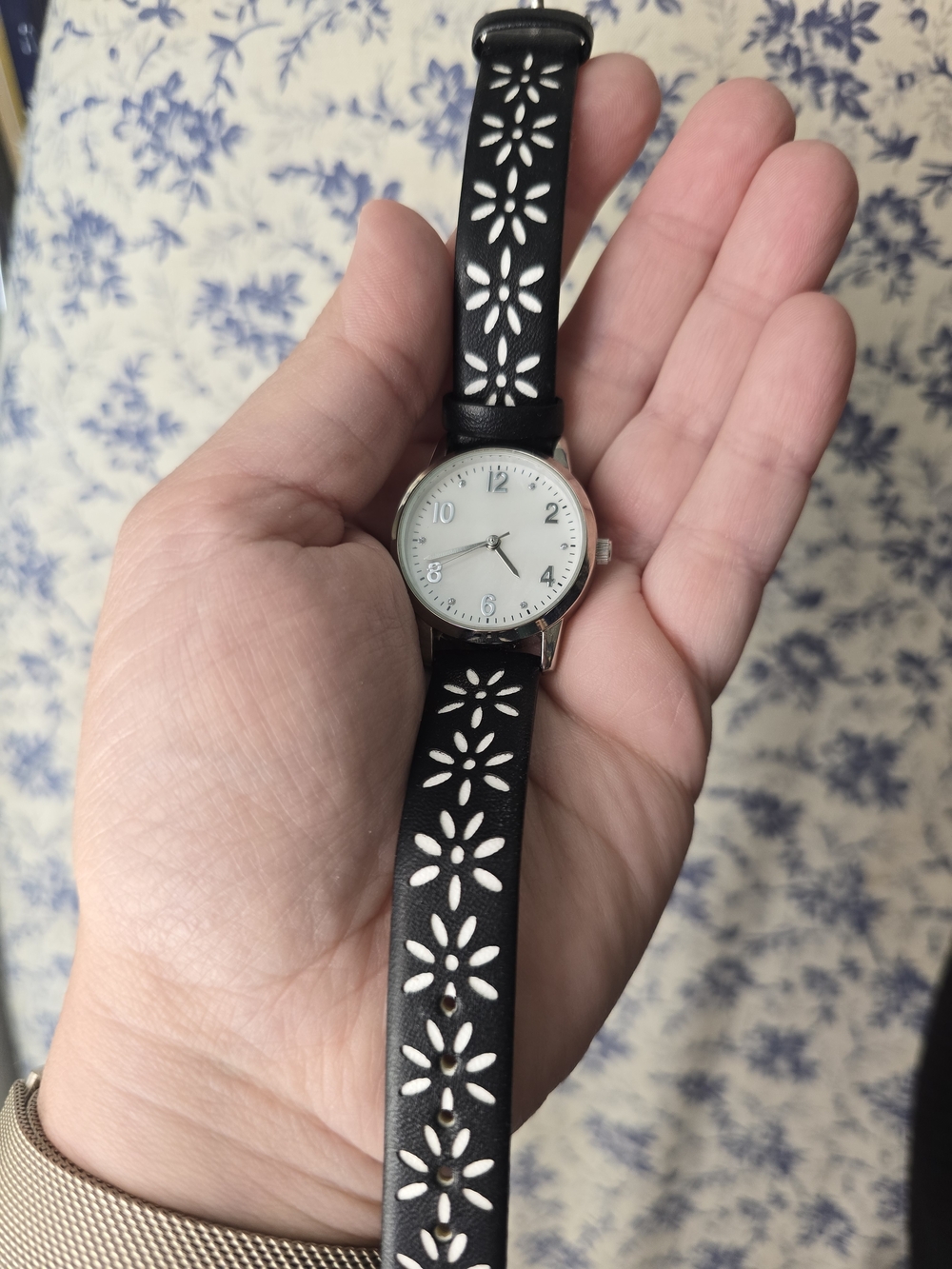 Time and Tru Black and White Floral Cutout Strap Watch